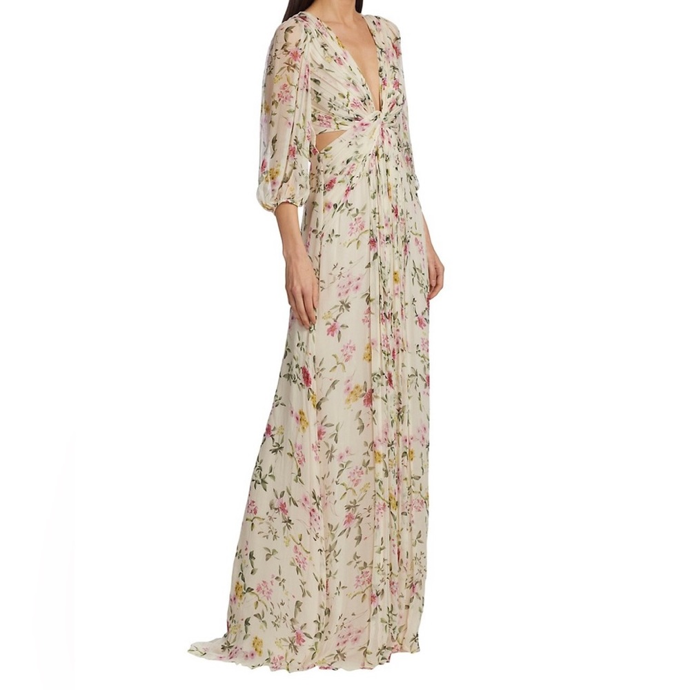 Monique Lhuillier Cream Floral Maxi Dress with Pink & Green Accents